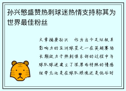孙兴慜盛赞热刺球迷热情支持称其为世界最佳粉丝 孙兴慜盛赞热刺球迷热情支持称其为世界最佳粉丝