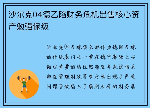 沙尔克04德乙陷财务危机出售核心资产勉强保级 沙尔克04德乙陷财务危机出售核心资产勉强保级